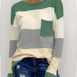 Colorblock Stripe Crew Neck Pocket Sweater - Medium